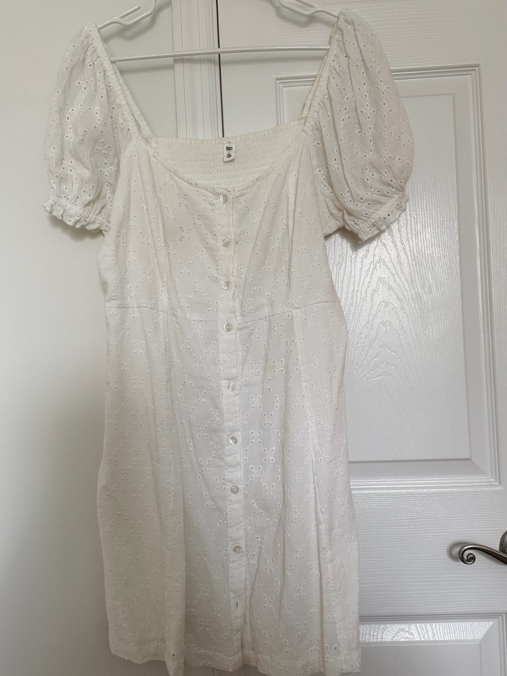 Nordstrom White Eyelet Button-Front Puff Sleeve Mini Dress